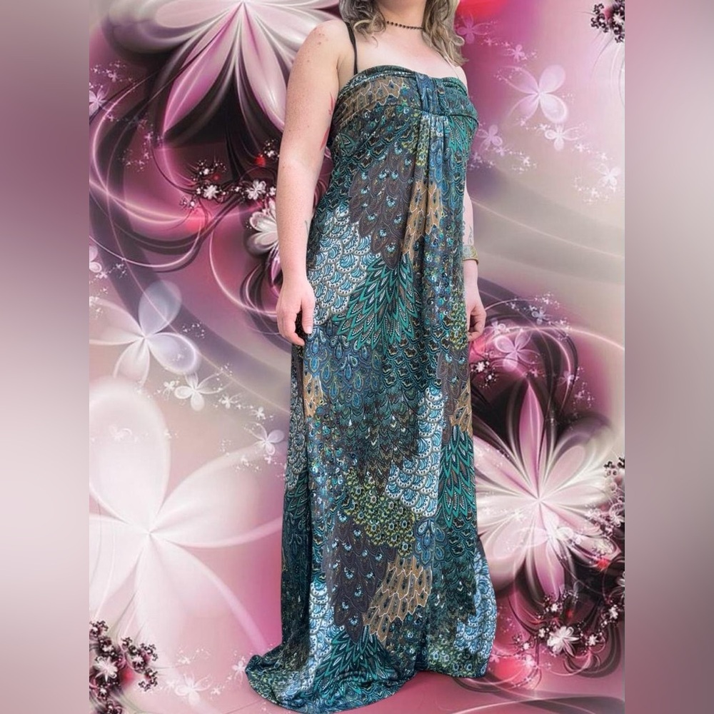 vtg y2k hypnotik boho revival peacock feather aop strapless maxi dress, sz lg